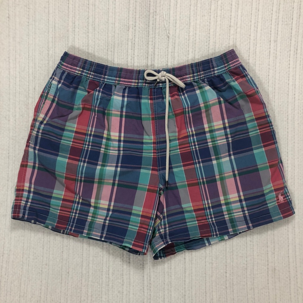 Polo Ralph Lauren Mens XXL Plaid Swim‎ Trunks Pink Blue Madras Mesh Lined Shorts